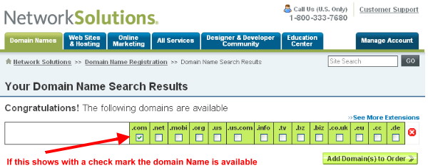Results of the domain name search