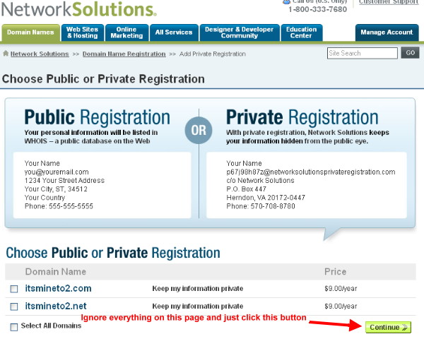 Purchase public, private domain name registration